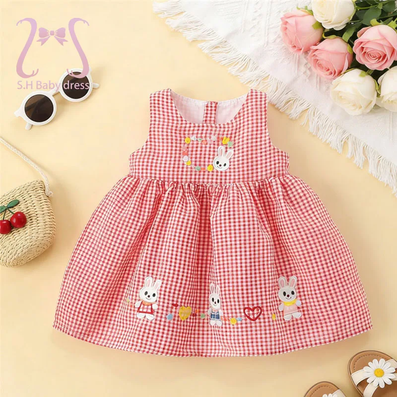 

Милая детская одежда с изображением кролика, летнее платье без рукавов в клетку для маленьких девочек, мягкий костюм для новорожденных от 0 до 4 лет, одежда для малышей