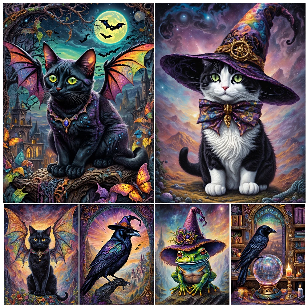 Dream Magic Animal Fantasy Wall Art Canvas Painting,Wizard Cat,Owl,Unicorn,Crow And Frog,Witchcraft Creature Art Poster Print