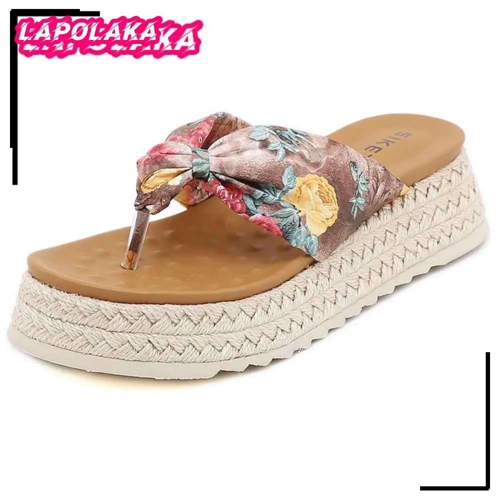 

Bohemia Casual Beach Women Flip Flops Slippers Platformn Espadrille Straw Flat Heels Vacation Shoes For Female Multicolor Slides