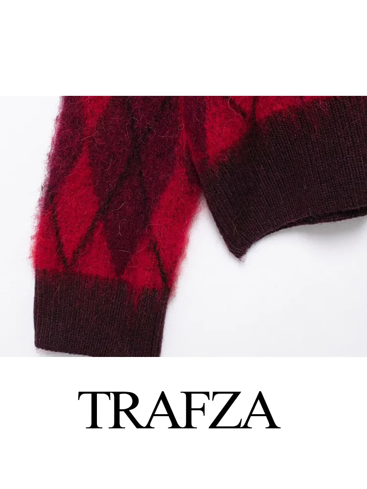 TRAFZA-Jersey de cuello redondo decorado con diseño de diamantes para Mujer, suéter de manga larga ajustado, Top de punto para Mujer