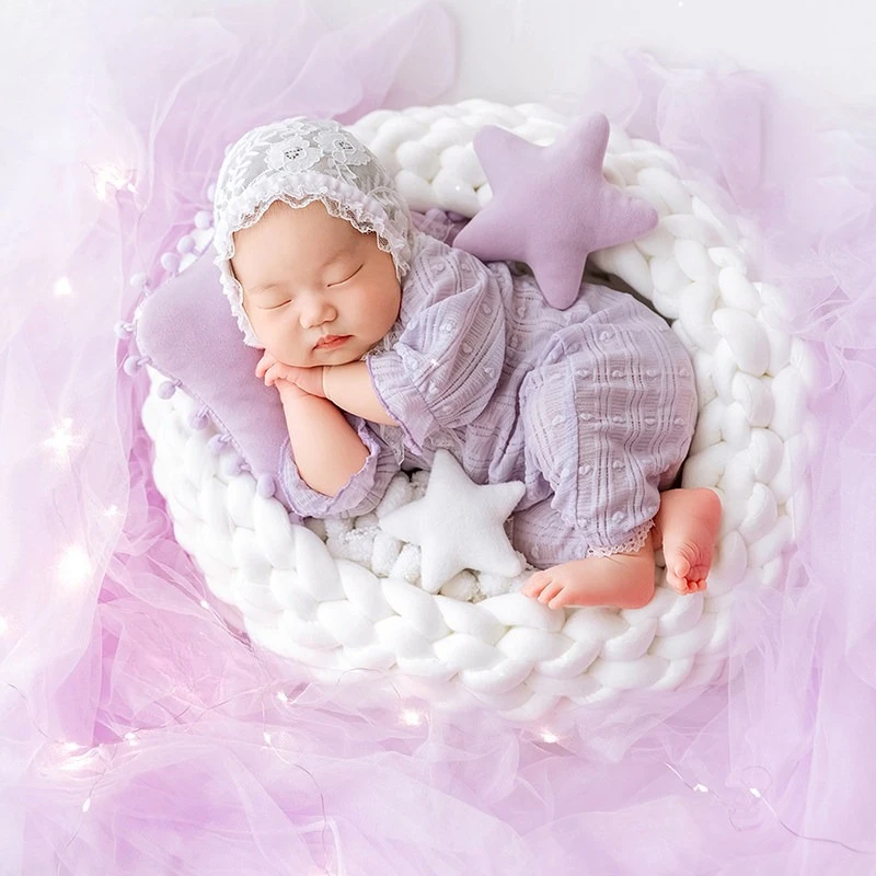 Newborn Photography Props for Baby Girl Photoshoot Outfit with Lace Hat White Knitted Poser Mesh Backdrop for Studio Photo Shoot