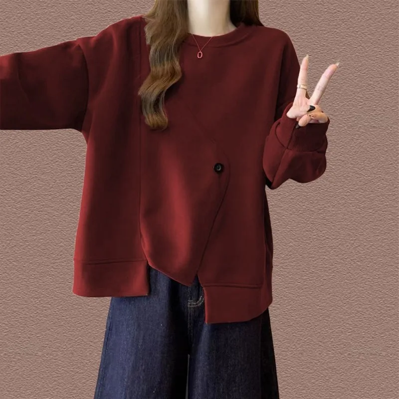 Felpa a maniche lunghe girocollo irregolare 2025 Primavera e autunno Nuovo top ampio