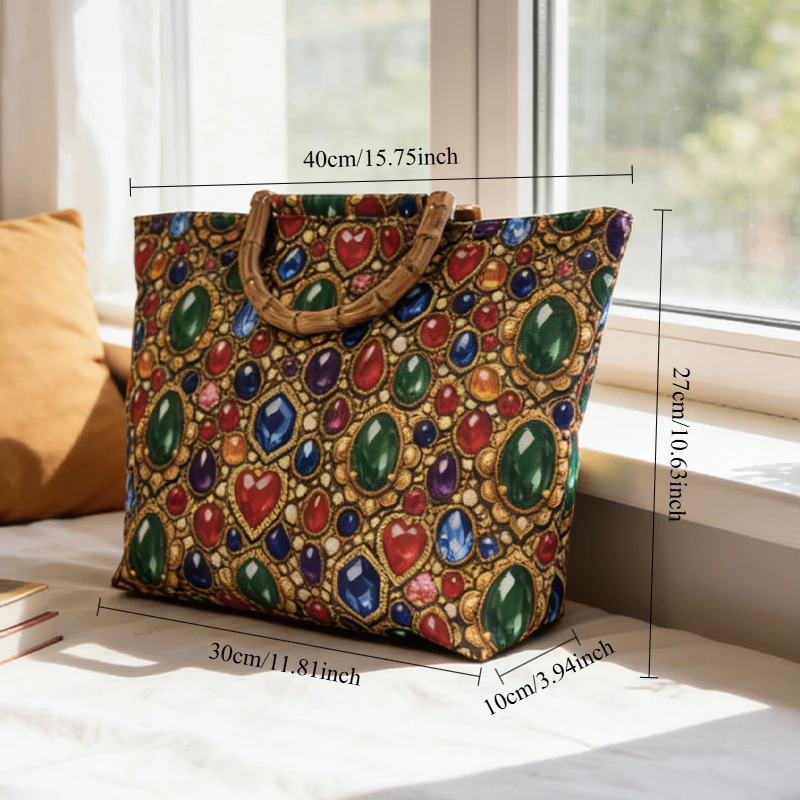 2D Damen Vintage Einkaufstasche mit Edelstein-Print und Großer Kapazität, mit Imitations-Bambusgriff, Leichte Luxus-Handtasche – Detail 7
