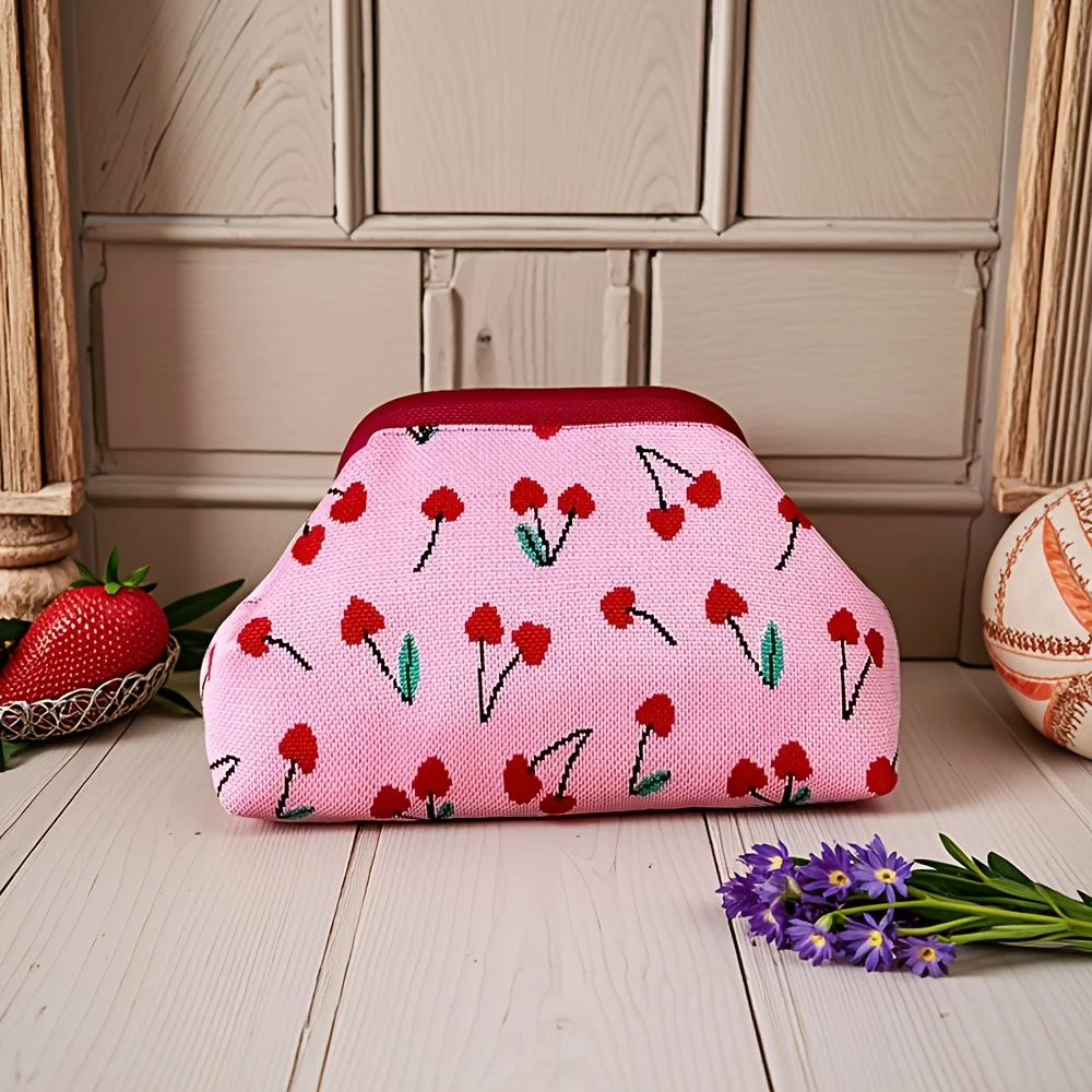

New women's cherry embroidery printed handbag, fashionable and convenient fly-knitted bag, versatile commuter cloud bag.