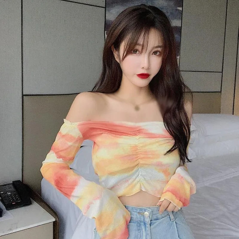 Slash Neck Sexy Tie Dye Long Sleeve T-shirts Women Fashion  Korean Style Leisure Beach Cozy Ins Tender Mujer Crop Tops