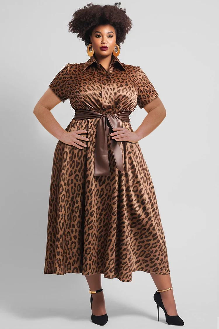 Plus Size Leopard Printed Dress for Women Casual Summer Short Sleeve Lapel Collar Pleated A-Line Ameriacn Retro Evening Dresses