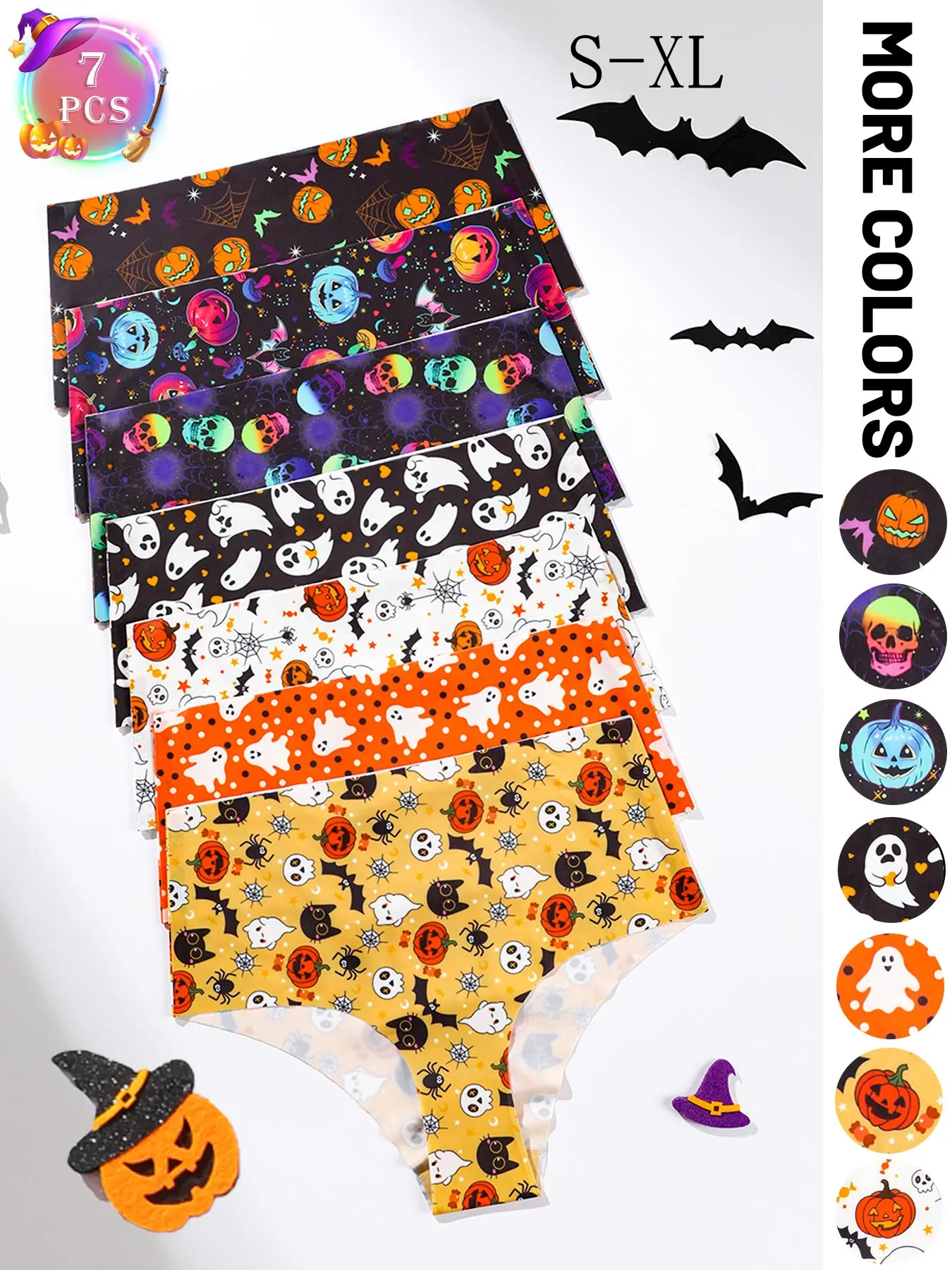 7er-Pack Damenunterwäsche mit hoher Taille im Halloween-Stil mit schrulligen Kürbis-, Totenkopf- und Geisterdrucken, einfach, bequem, nahtlos