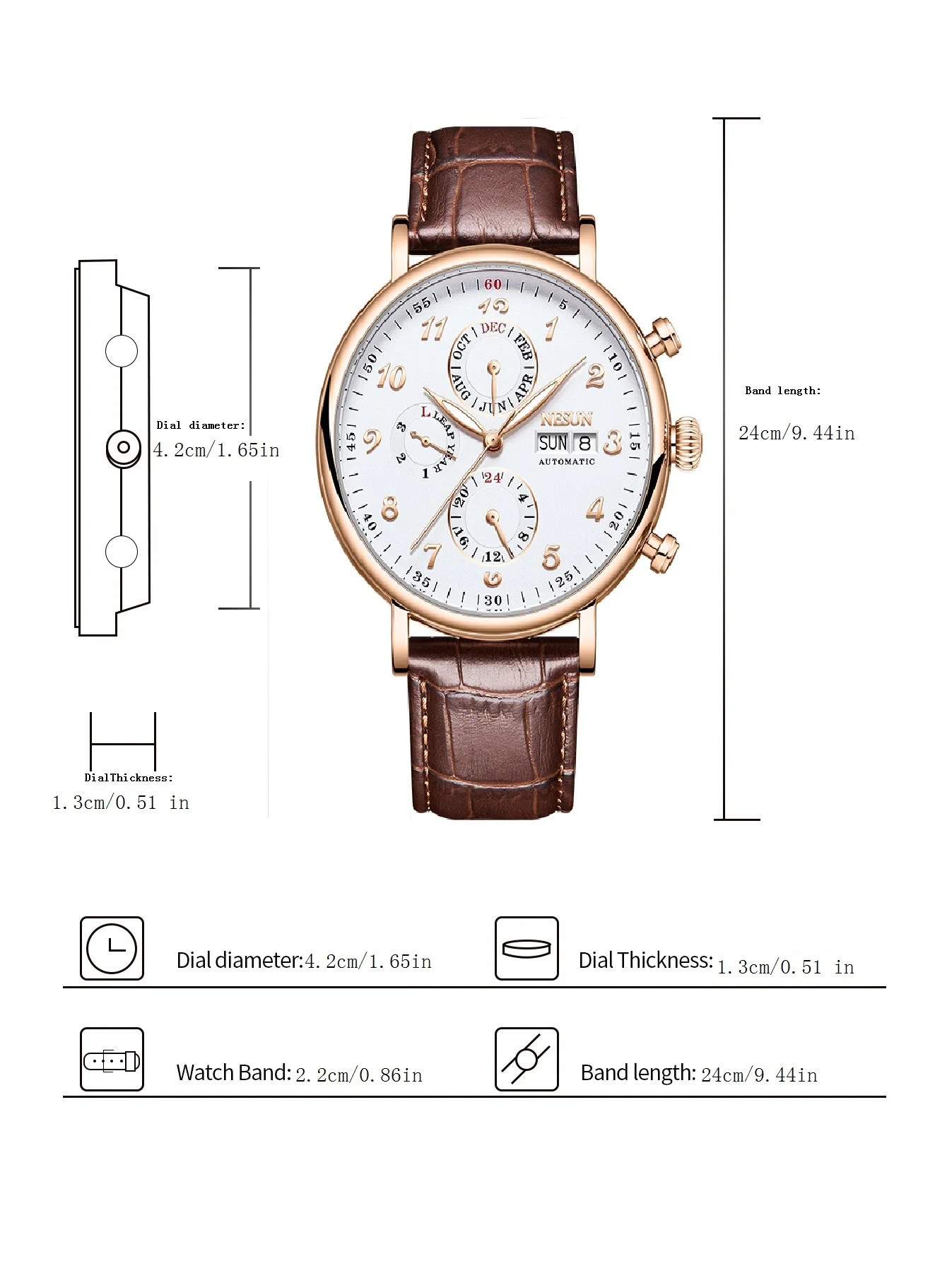 NESUN automatic mechanical watch for men, multi-functional mechanical watch, skeleton men's watch, gentleman's wristwatch