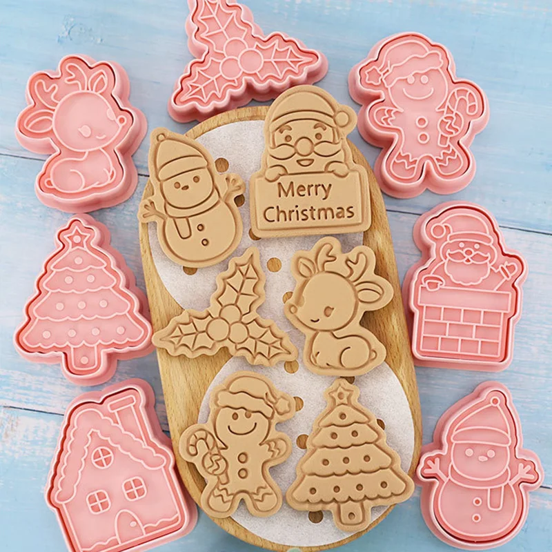 8Pcs 3D Christmas Cookie Cutters Biscuit Mold Santa Snowman Tree Elk Cookie Mould Stamp Xmas New Year Party Decor Baking Tools