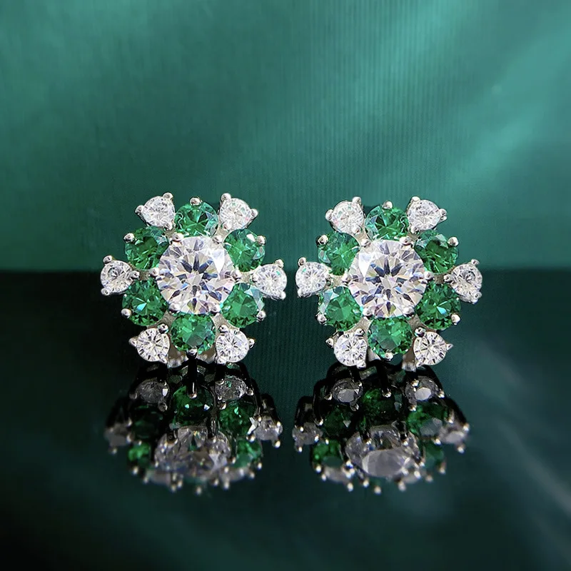 

ZOCA-S925 Silver Artificial Emerald Flower Stud Earrings for Women, Simple Daily Style Jewelry, Fashion