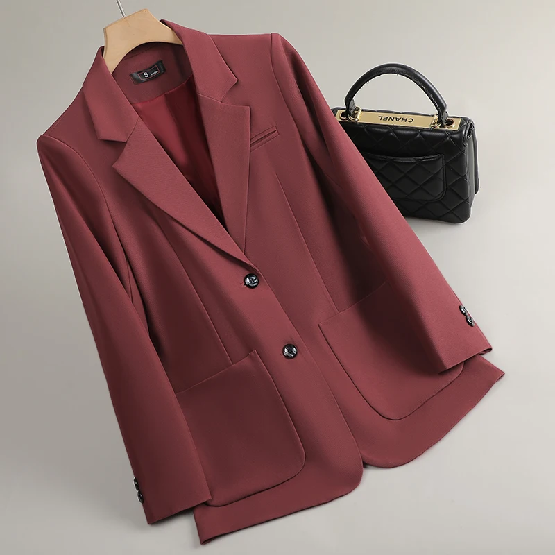 

Spring Autumn Korean Version Black Red Elegant Single Breasted Jacket Women's Brown Long Sleeved Pocket Blazers Coat Casual Chic