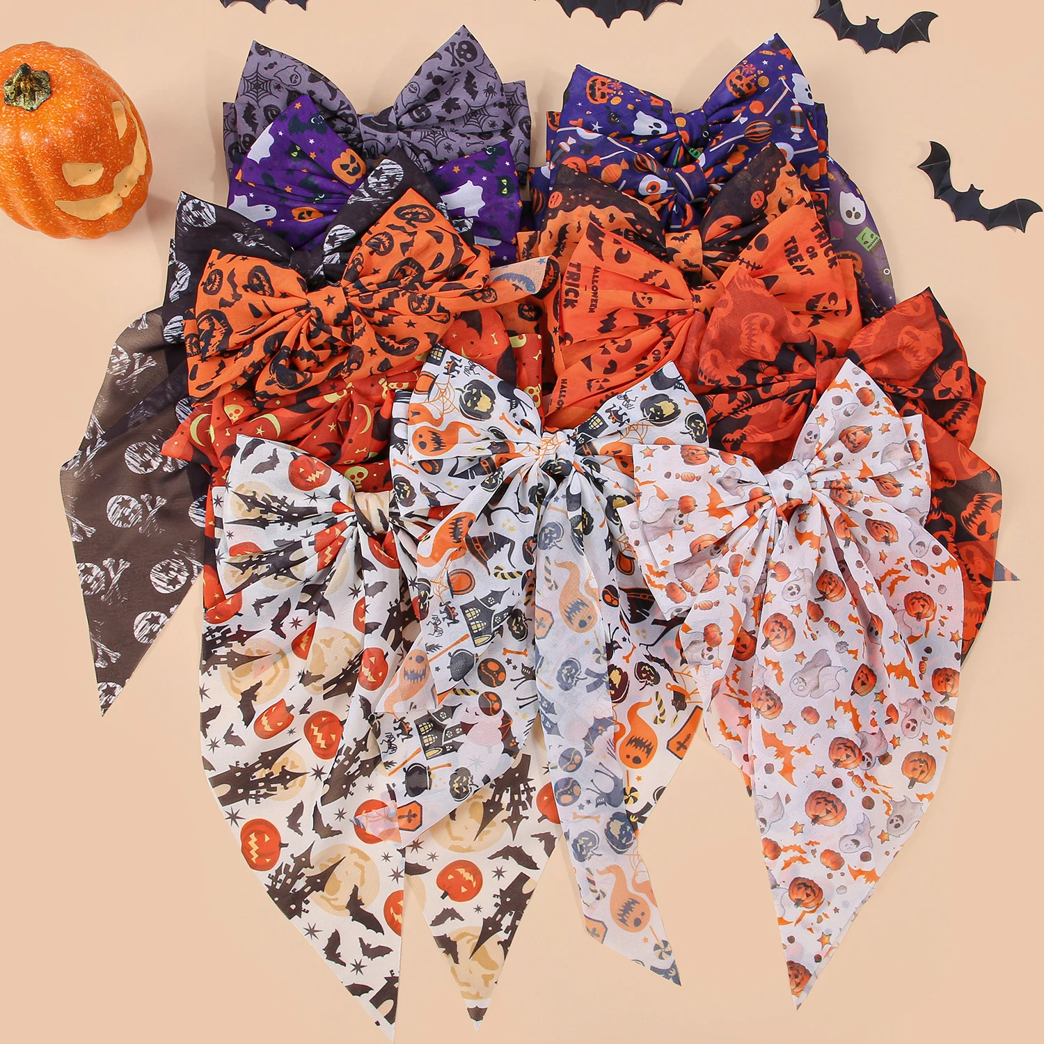 

3/8pcs Chiffon Bow Hair pin Ghost Face Pumpkin Skeleton Bat Print Barrettes For Girls Kids Women Halloween Party Hair Accessory
