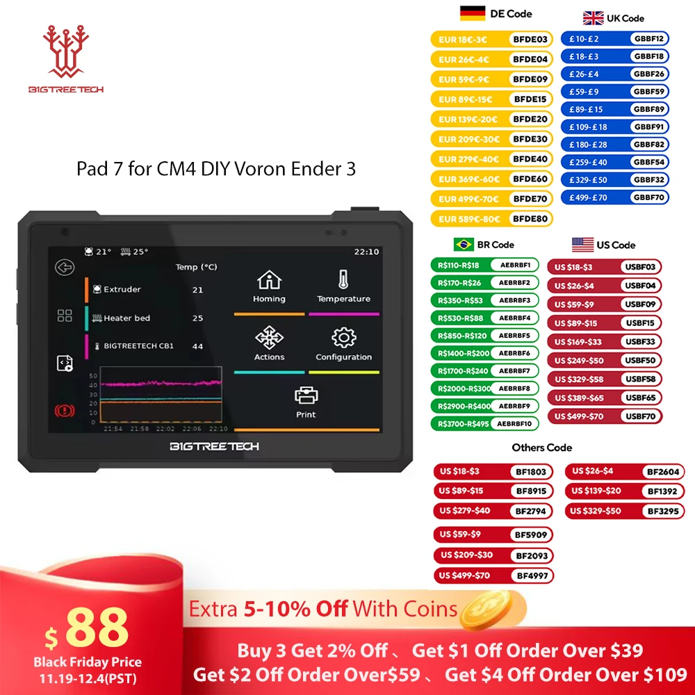 

BIGTREETECH Pad 7 IPS Touch Screen Klipper 7.0 Inch 1024*600 Display with CB1 32GB TF Card for CM4 DIY Voron Ender 3 3D Printer