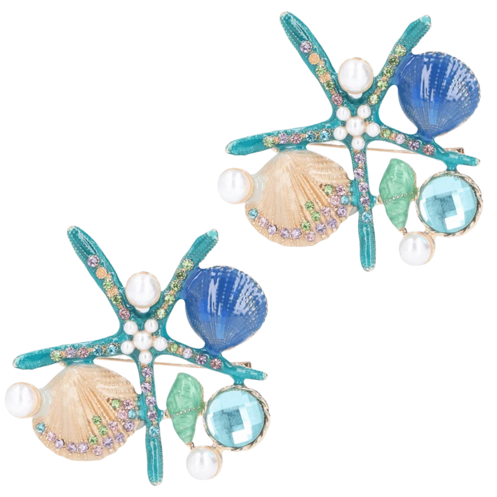 2pcs Alloy Material Starfish Brooch 4 Different Colors Clothing Pin Design Shell Pearl Brooch Enamel Brooch Clothing Accessory