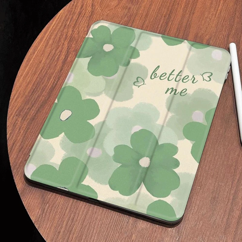 Cover Pencil Holder Funda for IPad Air 6 Case IPad 10th Gen Air6 5 4 10.9 Pro 11 2nd 3rd 4th IPad 10.2 7th 9th 8th Green Flowers