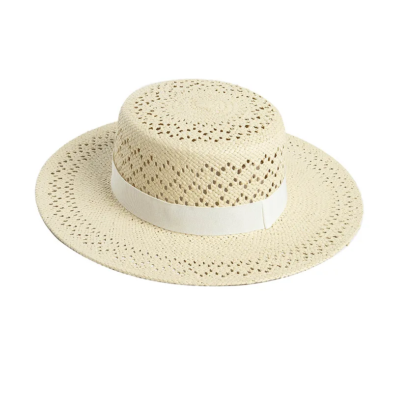 Spring Summer Beach Sun Hat 100% Straw Flat Top Caps Boater Hats Handmade Sun Protection Hollow style Outdoor Fishing