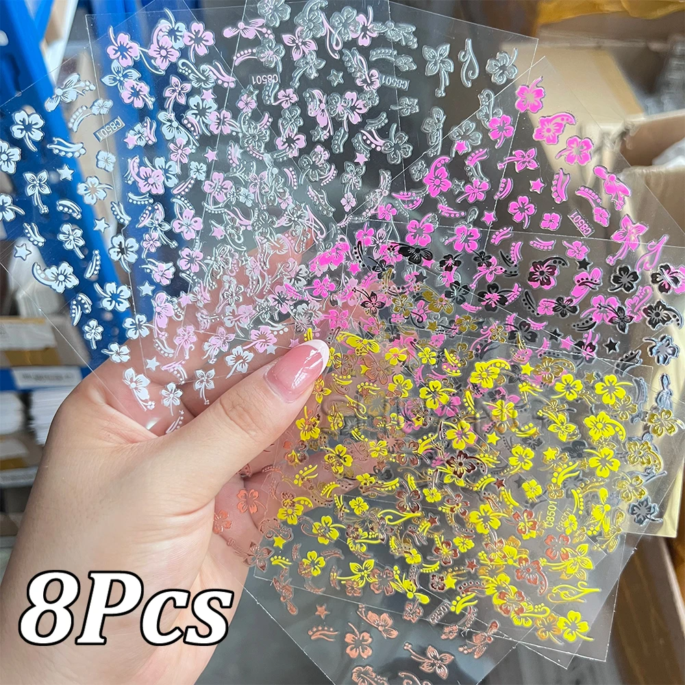 

8 Sheets Colorful Hibiscus Flower Nail Art Sticker 3D Elegant Hibiscus Petal Nail Decals Y2k Adhesive Hibiscus Floral Nail Decor