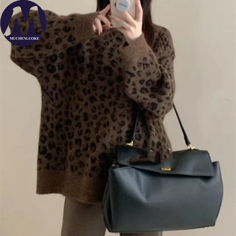 

Women's Leopard Print O-Neck Knitted Sweater Autumn Winter Korean Fashion Casual Loose Thick Warm Pullover
