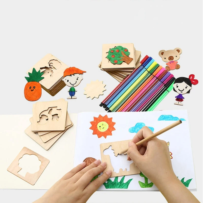 مجموعة قوالب لوحات خشبية مصنوعة يدويًا للأطفال ، استنسل رسم ، لعبة جرافيتي ، تعلم أدوات الرسم ، شحن مباشر