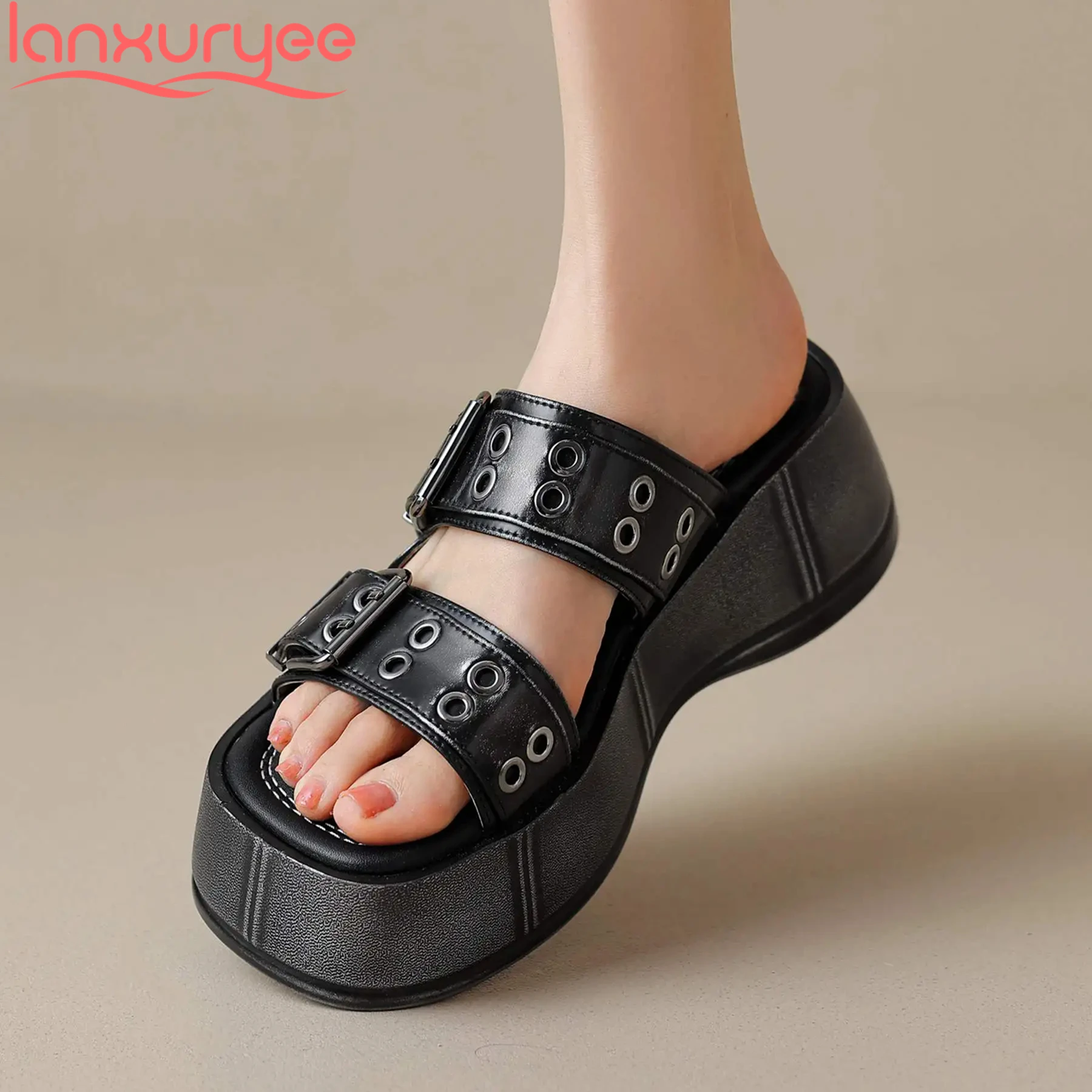 

Lanxuryee Cow Leather Peep Toe Vintage Slip On High Heels Summer Slingback Mules Elegant Comfort Casual Platform Women Sandals