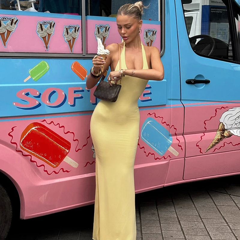 

Ticketsx Summer Deep V-Neck Long Dress Women Sexy High-Waisted Backless Solid Vacation Dress 2025 Fashion Party Look New Dress