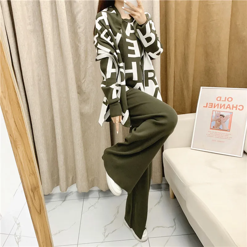 

Knitting Suit Muslim Women Sweater Sacrf Pullover Wide Leg Pants 3 Piece Sets Knitted Ensembles Casual Femme Outfits Suits 2025
