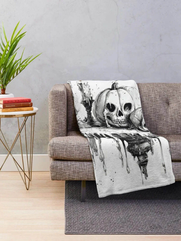 Minimalist Halloween design with white skull, pumpkin, and candles. Throw Blanket Picnic Soft Plaid Thins Blankets