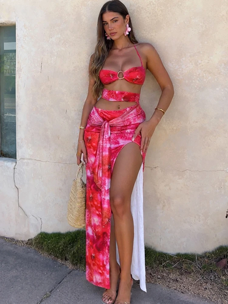 Kliou Tie Dye Swim Party mujeres Maxi vestido Sexy Halter vendaje recortado cintura vendaje ceñido al cuerpo Mujer vacaciones Hipster Vestidos