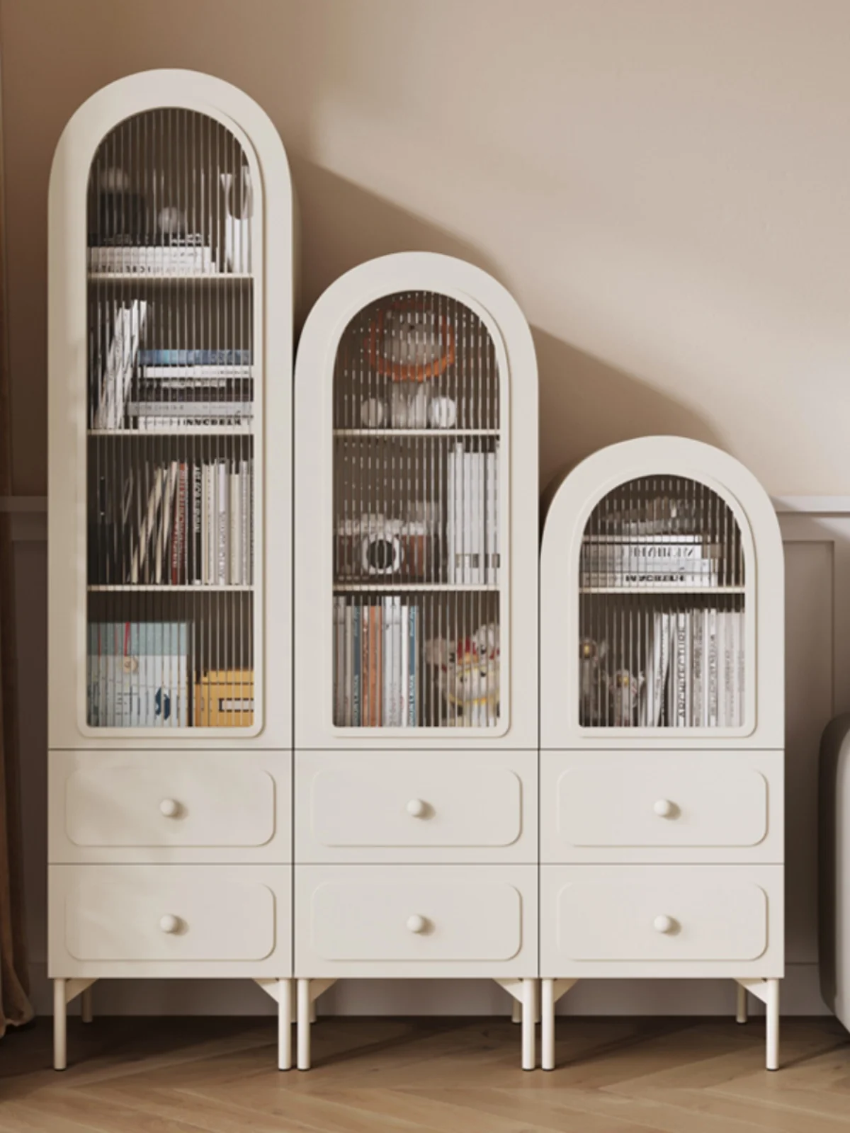 Living Room Bookcase with Glass Door Assembled Cabinet Arch Storage Cabinet Household Cream Style Display Cabinet