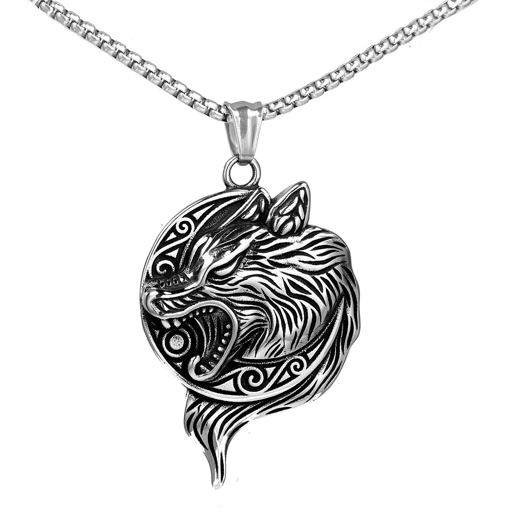 Retro Norse Mythology Celtic Ferocious Wolf Animal Pendant Necklace Men's Motorcycle Riding Rock Jewelry