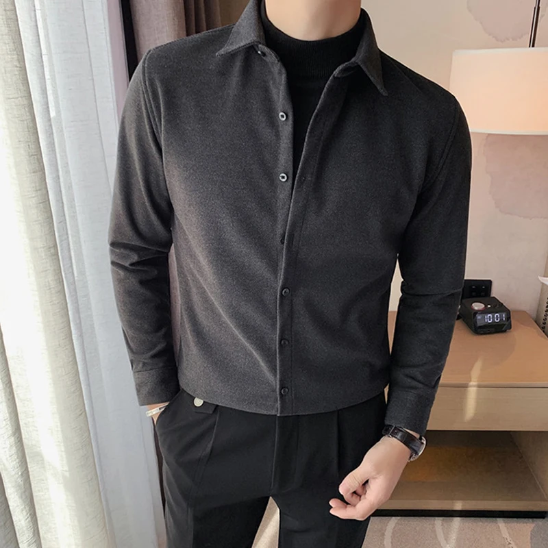 

Autumn Personality Woolen High Quality Luxury Men Shirt Solid Color Trendy Handsome Elegant Business Casual Clothes