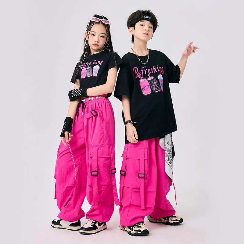 Детская одежда в стиле хип-хоп Kpop, черная укороченная футболка, брюки-карго с парашютом розы, многослойная плиссированная юбка для девочек и мальчиков, танцевальный костюм, одежда
