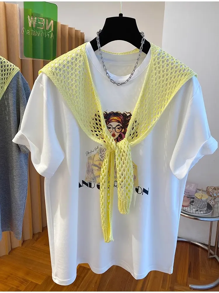 Camiseta Casual Extra Grande Tamanho 300 Pou com Decote Oco para Mulheres, Nova Versátil para Primavera e Verão