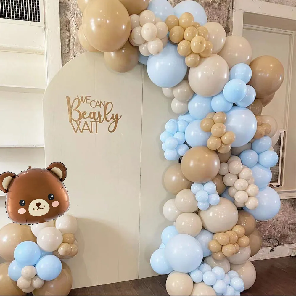 114pcs Bear Balloon Garland Arch Kit Brown Blue Latex Ballons for We Can Bearly Waits Bear Theme Birthday Baby Shower Decoration