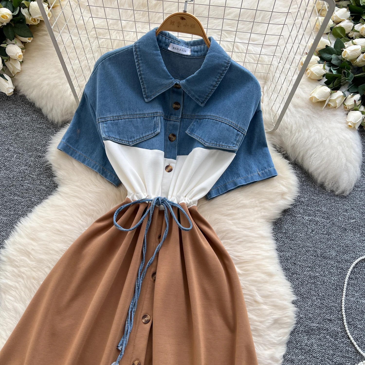 Koreanische Chic Casual Gefälschte Zwei Stück Kleid Sommer Denim Patchwork Kontrast Farbe Schlanke Taille Robe Alle-spiel A-line Hemd vestidos