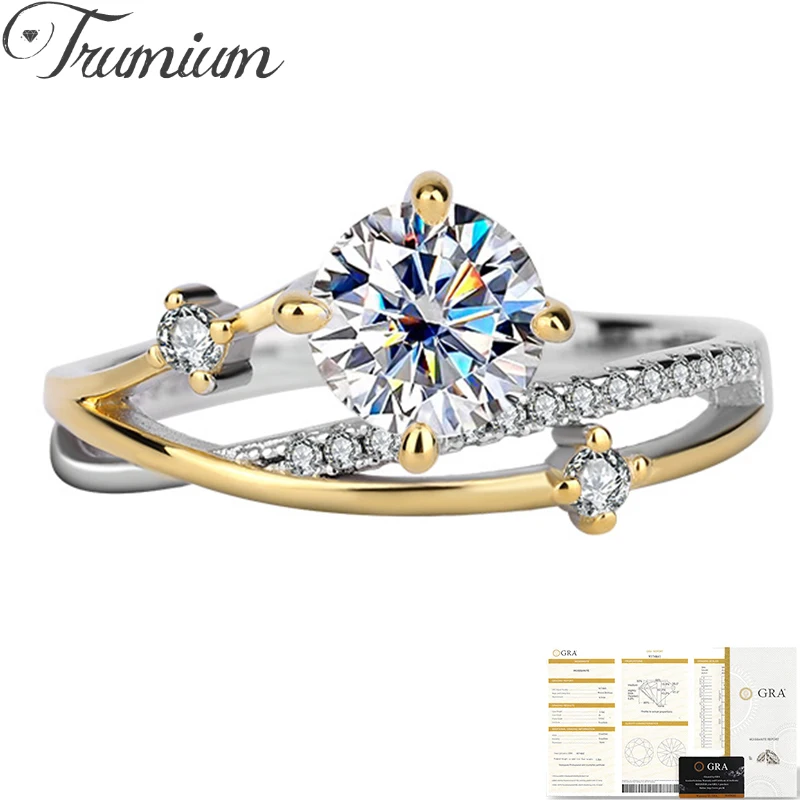 Trumium 1CT VVS Moissanite Rings for Women Star Trail Band 925 Sterling Sliver Engagement Ring with Certificate Gold Plated