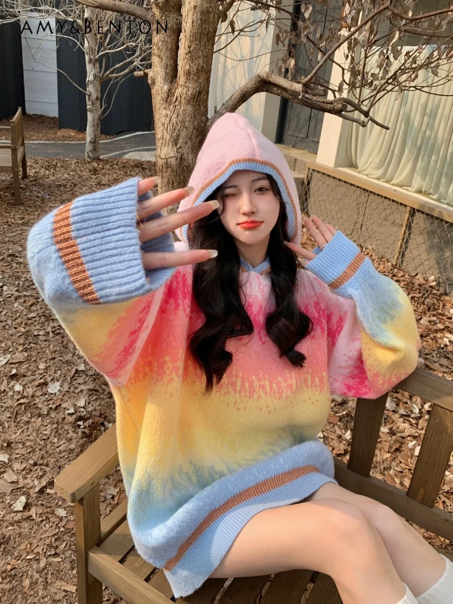 

2025 Autumn New Women's Rainbow Color Loose Soft Hooded Mid-Length Knitted Sweater Coffee Color Long Sleeve Casual Hoodie