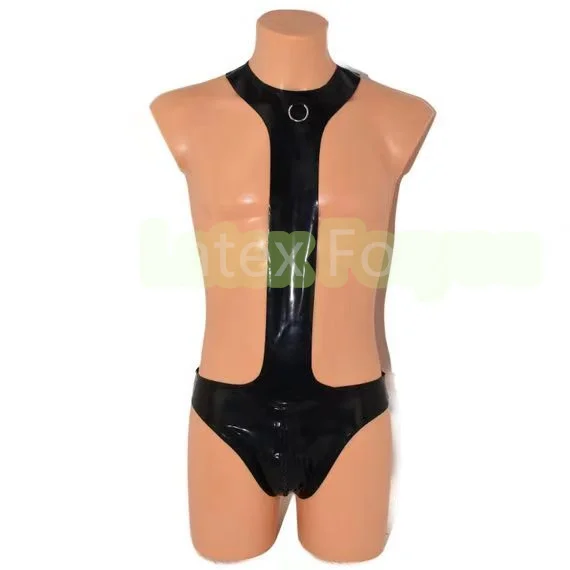 Male 100% Handmade Latex Catsuit Bodysuit Black Open Butt Underwear Vest Jumpsuit Men\'s Rubber Sleeveless Unique Club Wear