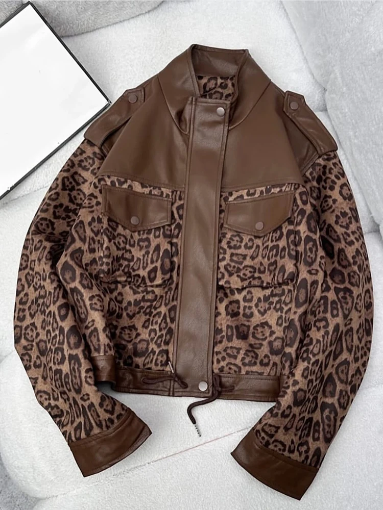 Schicke Jacken mit Leopardenmuster und Kunstfell-Einsätzen für Damen, Reverskragen, Reißverschluss, lange Ärmel, elastische Taille, Herbst-Alltags-Streetwear 2026 – Detail 10