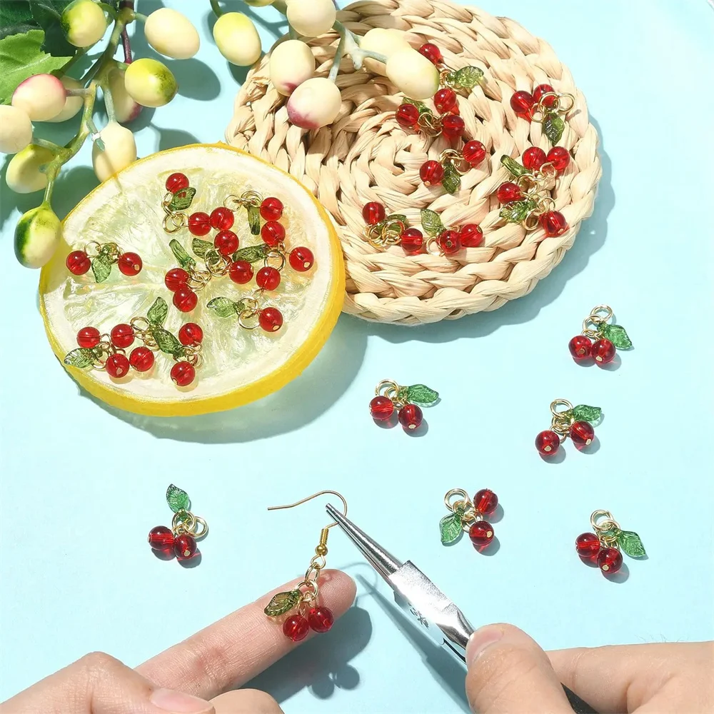 10Pcs/pack Glass 3D Red Cherry Acrylic Charms Fruit Pendants for DIY Earrings Necklaces Keychains Jewelry Making Accessories ﻿