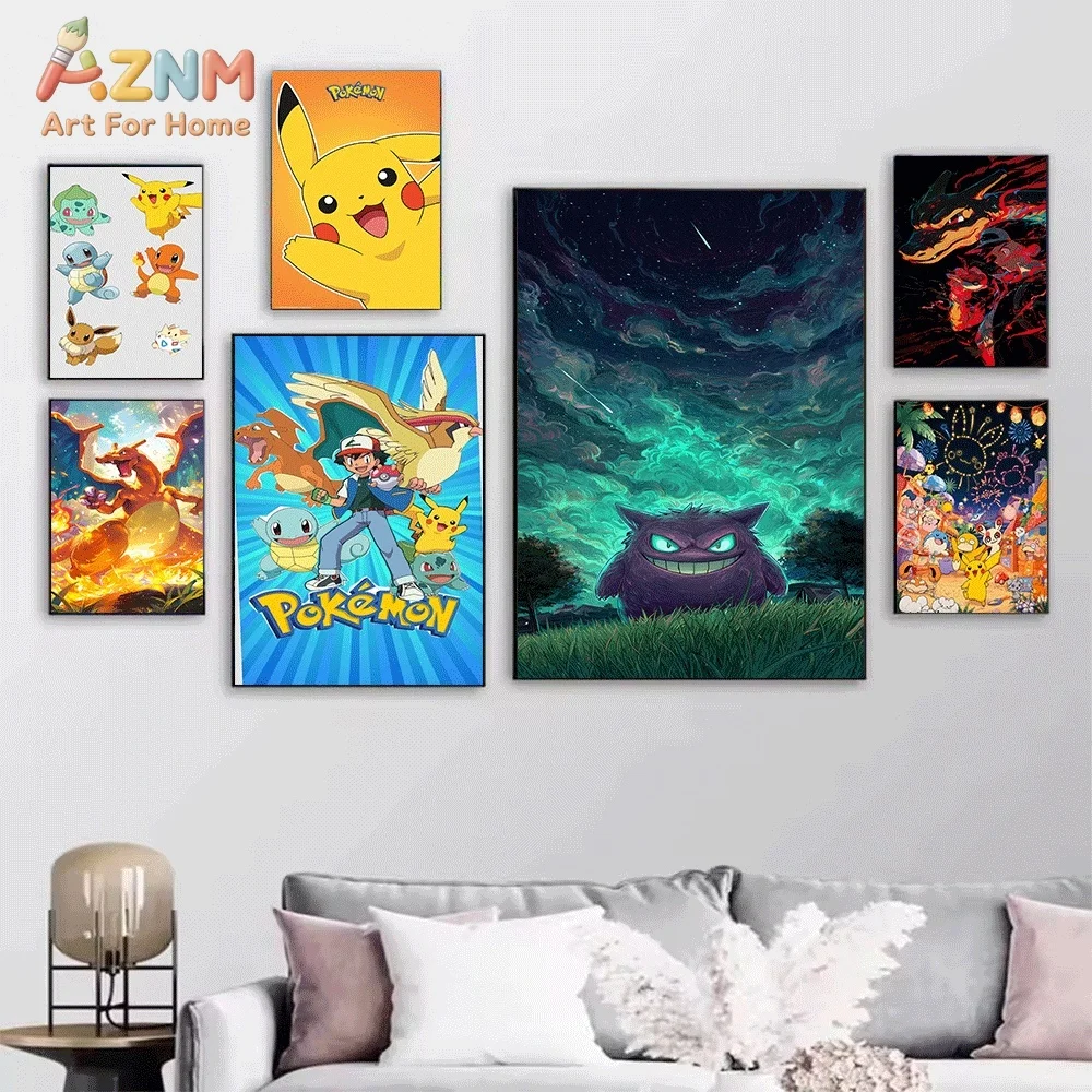 Vibrant Anime Pokemon Pikachu Starter Characters Canvas Wall Art, Colorful Cartoon Frameless Canvas Painting for Kids Room Liv