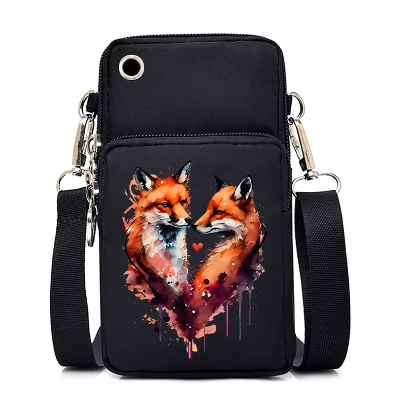 Watercolor Red Fox Print Women Nylon Cell Phone Bag Coin Purse Strap Shoulder Bag Small Crossbody Bags Women Wallet Travel Purse