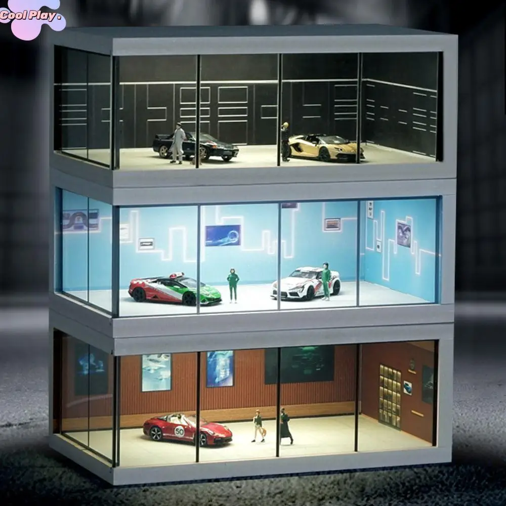 

1/64 Scale Car Model Showroom Exhibition Hall Transparent Garage Scene Model Dust Cover With Light Miniature Car Garage