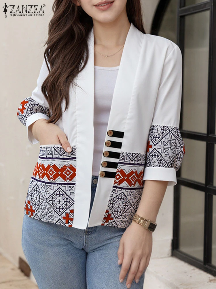 ZANZEA 2025 Women Fashion Cardigans Shirts Vintage Printing Open Stitch Casual Tops Autumn 3/4 Sleeve Loose Blusas Femininas