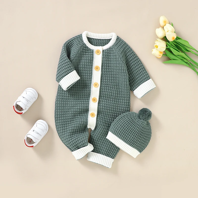 Newborn Baby Romper Knit Solid Infant Boy Girl Jumpsuit Outfits Long Sleeve Autumn Toddler 2PC Clothing Hat 0-18M Solid Overalls