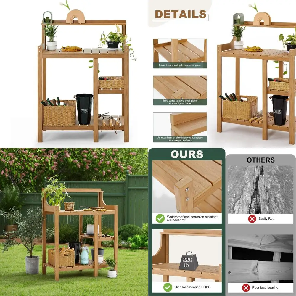 طاولة مقعد خارجية مناسبة لجميع الأحوال الجوية، 50 × 17.5 × 37.5 (الطول × العرض × الارتفاع)، محطة عمل متينة للبستنة #1