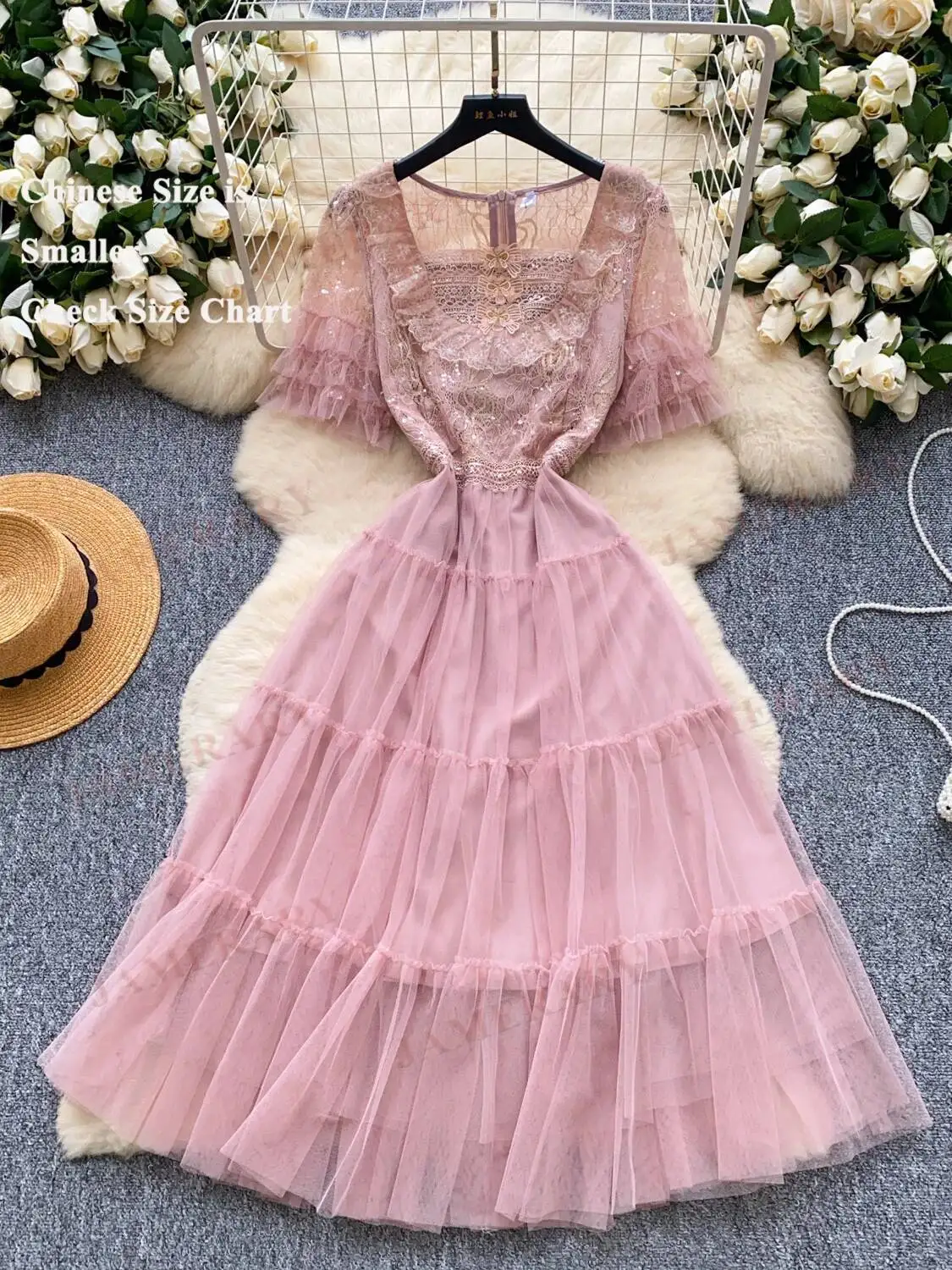 فساتين طويلة فاخرة للسهرات الرسمية والترتر من الدانتيل للنساء صيفية بأكمام قصيرة من التل فستان ميدي وردي جميل للحفلات الراقصة