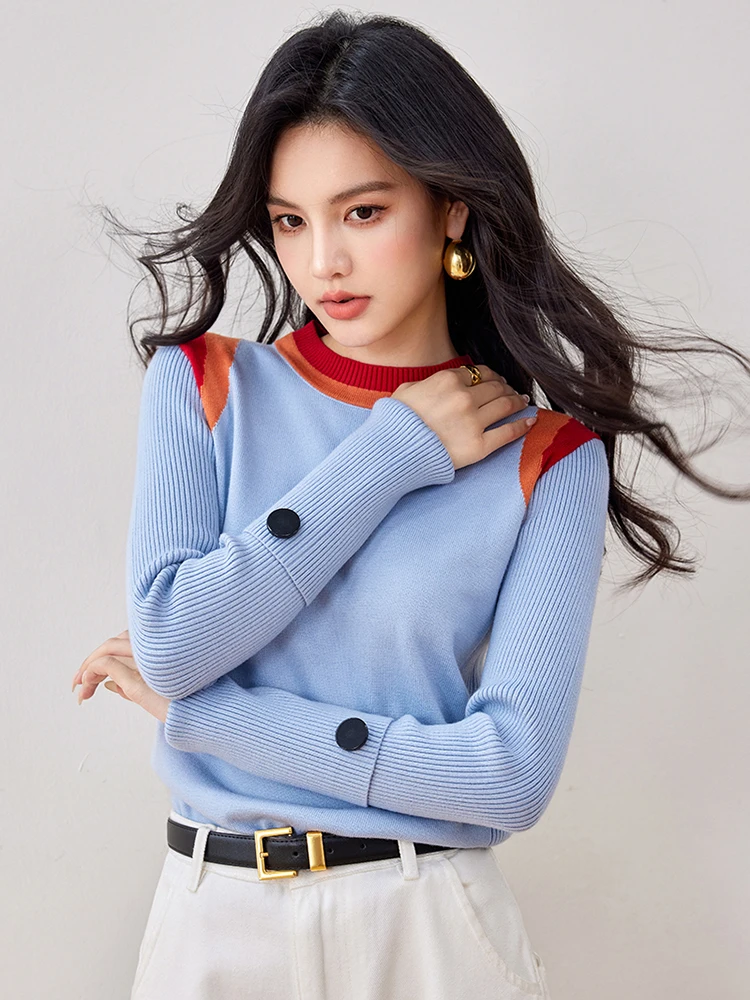 French Style Retro Blue Sweater Women Autumn New Fashion Design Sense Niche O-Neck Long Sleeve Knitted Tops Chic Slim Fit Tops