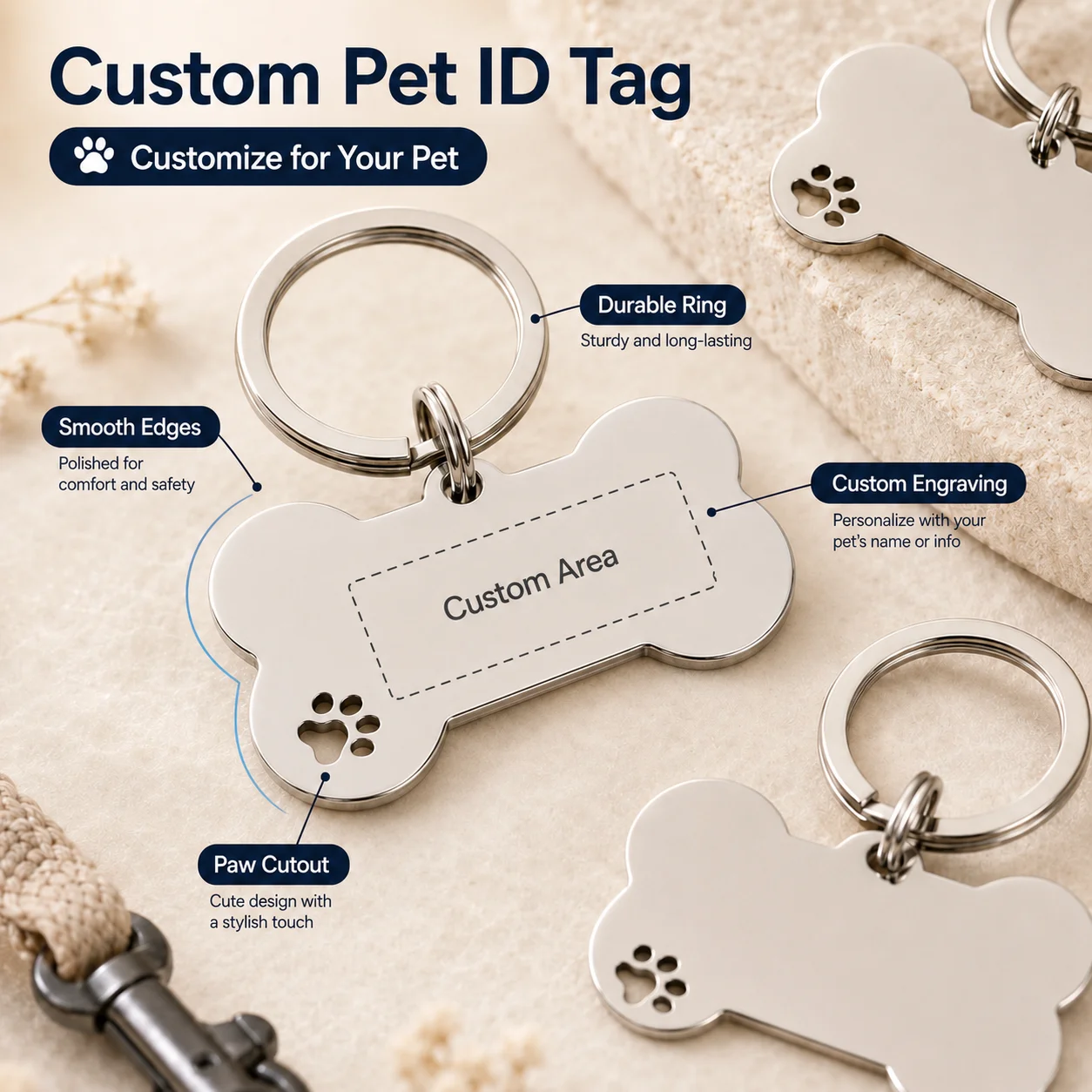 Personalisierte Hunde-Namensschilder, doppelseitig, mit individuellem Text, Knochenform, Edelstahl, Lasergravur, personalisierte Haustier-ID-Tags – Detail 4