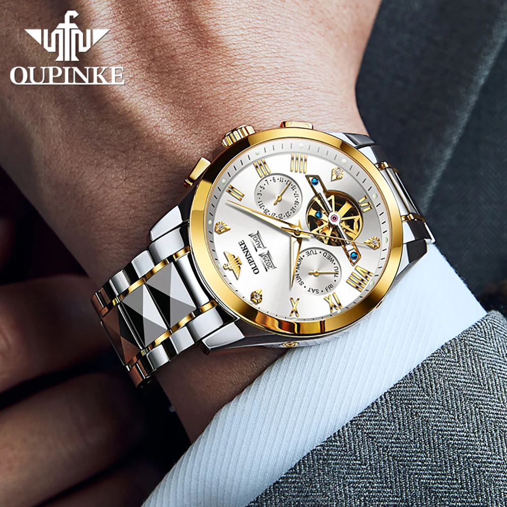 ساعات رجالية من OUPINKE 3240 من أفضل العلامات التجارية للأعمال من الفولاذ التنغستن ساعة ميكانيكية أوتوماتيكية أصلية للرجال بتقويم كامل